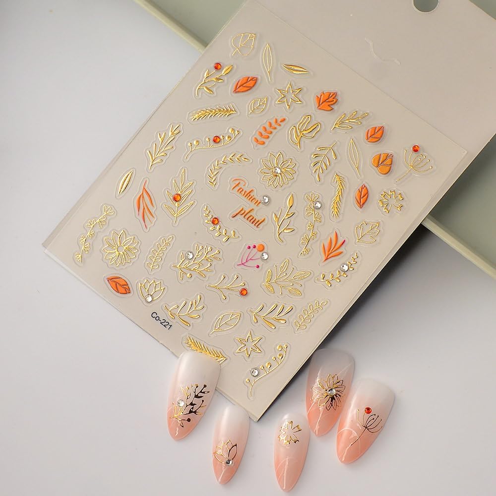 Fall Leaves Nail Art Stickers 5D Embossed Autumn Maple Nail Stickers Gold, Self-Adhesive Durable Nail Art Decals for Women Girls, Nail Wraps Decoration Manicure for DIY Acrylic Nail Accessories
