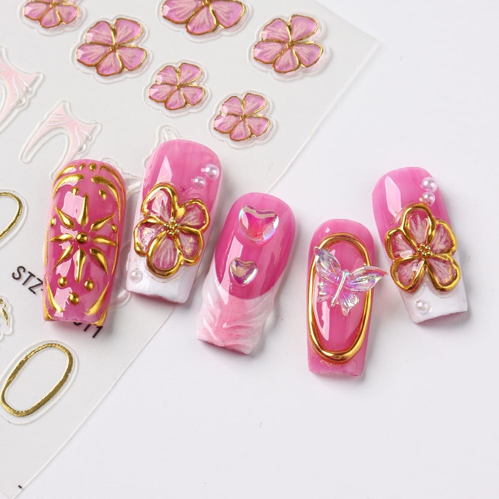 Stickers para Uñas Nail Stickers Self-Adhesive Sticker Gold Pink 3D Flower Embossed Calcomanías para Uñas Colorful Floral Art Design Accessories Hight Quality 3 Sheets