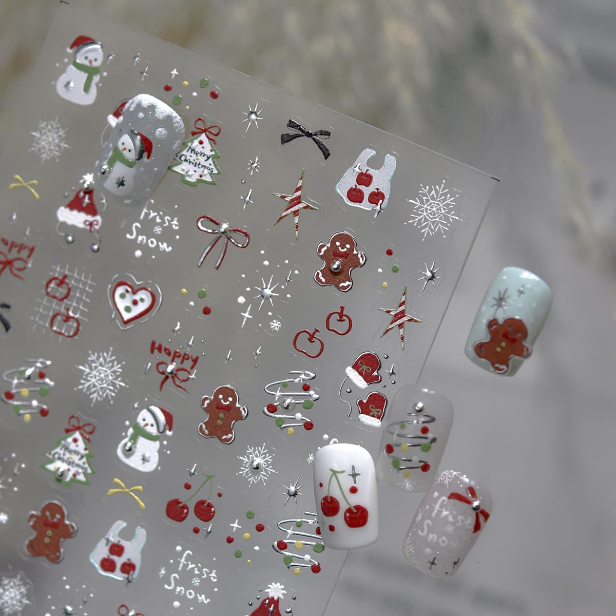 Christmas Nail Art Stickers 5D Embossed Happy Gingerbread Man Nail Stickers Snowman Xmas Light Xmas Tree Snowflake Cherry Nail Decals for Women Girls Winter Holiday Manicure DIY Nail Supplies 1 Sheet