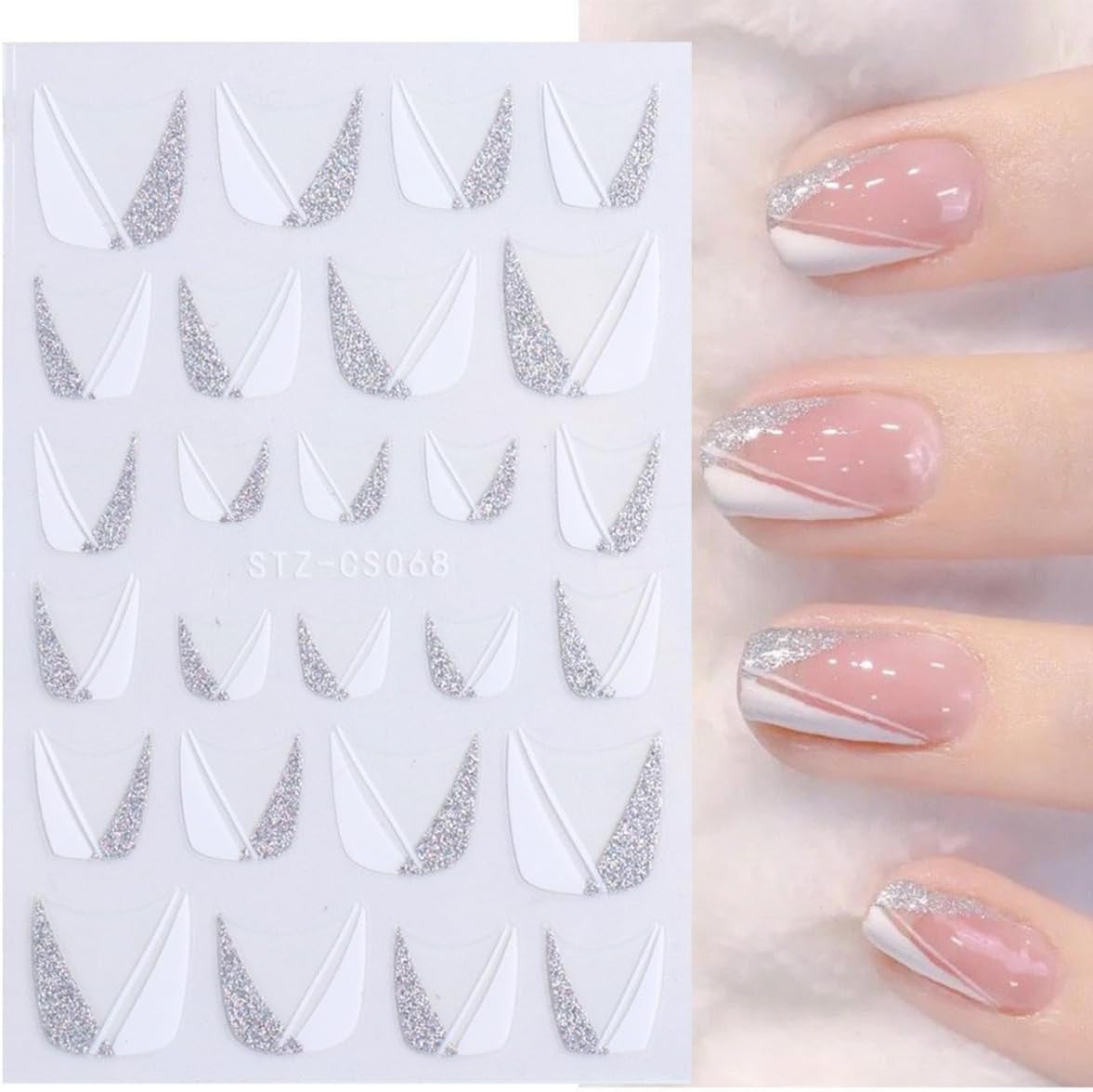 Glitter French Tip Nail Stickers for Nail Art 10Pcs Gold Sliver Lines Nail Art Stickers Shiny V Shape Nail Tip Design Nail Decals French Wave Lines Stripe Nail Supplies for Women French Manicure Decor