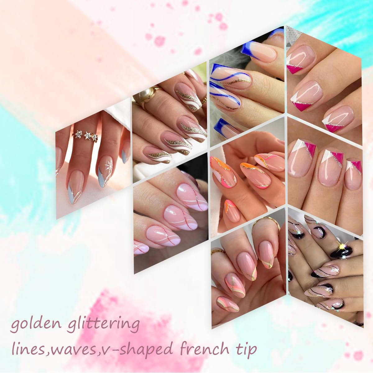 8 Sheets Shiny Line Nail Stickers - French Tip Nail Decals, 3D Glitter Wavy Stripe Designs, Gold Nail Tip V Shape Lines for DIY Acrylic Manicure Decoration