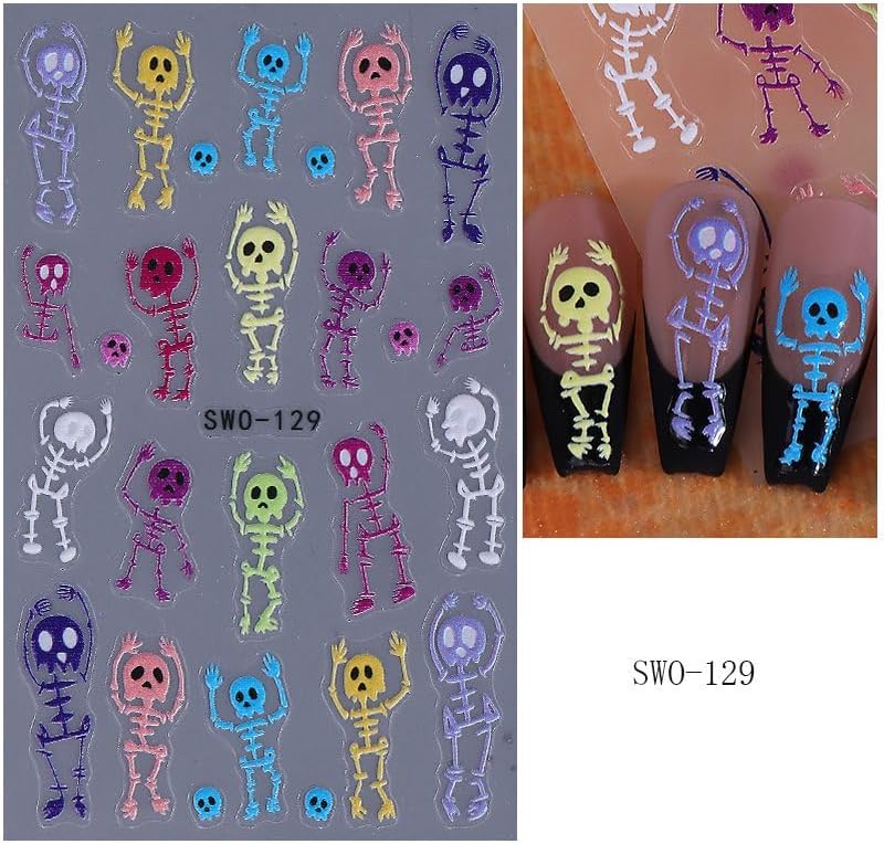 Halloween Nails Stickers Colorful Skull Nails Sticker 3D Embossed Skeleton Skull Self Adhesive Sticker Nail Decals Skeleton Body Nail Art Decal Halloween Decals for Nail DIY Manicure 2Sheet