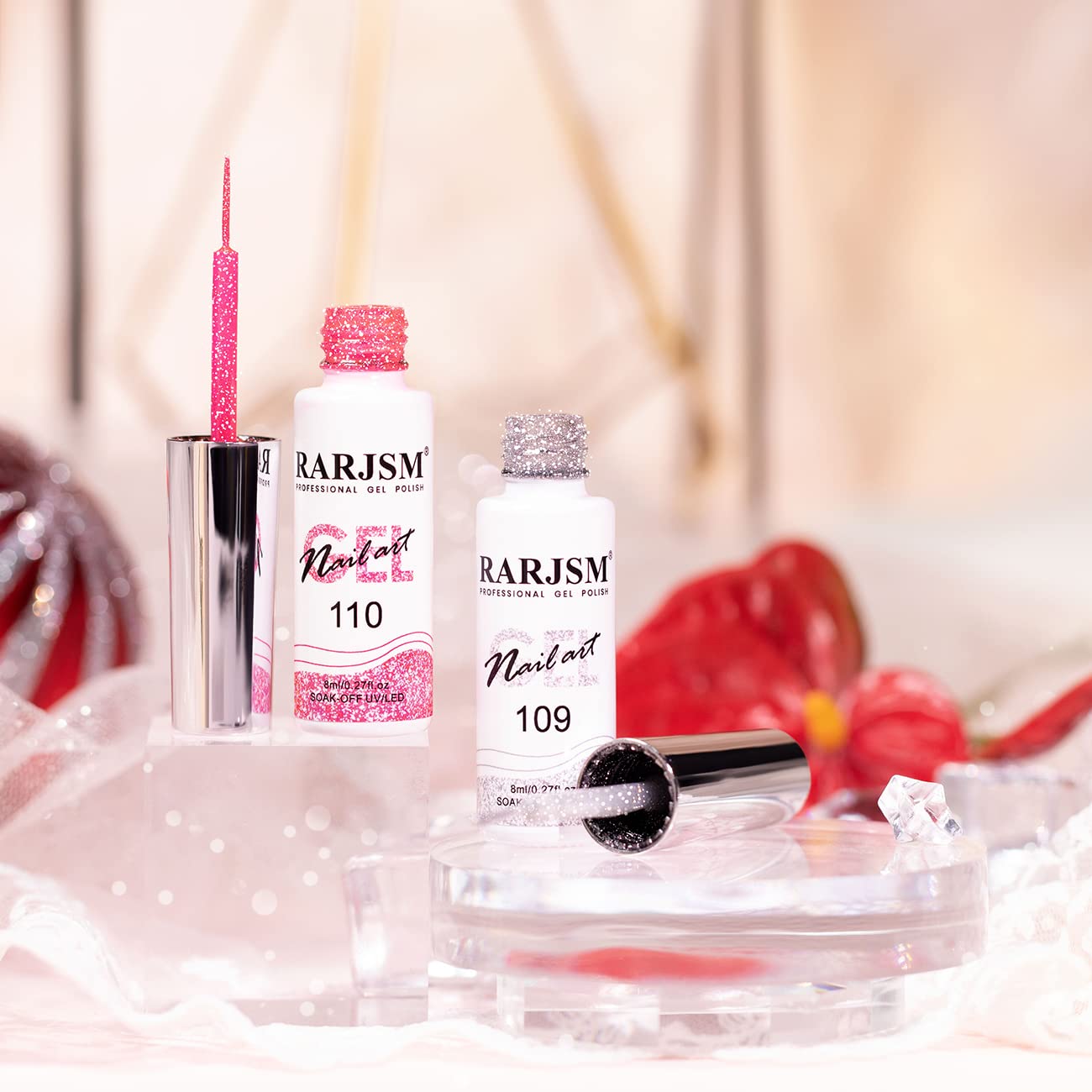 RARJSM Gel Liner Nail Art Reflective Glitter Gel Nail Polish Thin Brush Silver Neon Hot Pink Flash Diamond PaintedGel 2PCS Set Soak off Curing Requires 8ml for Home Salon Diy Nail Design Decoration