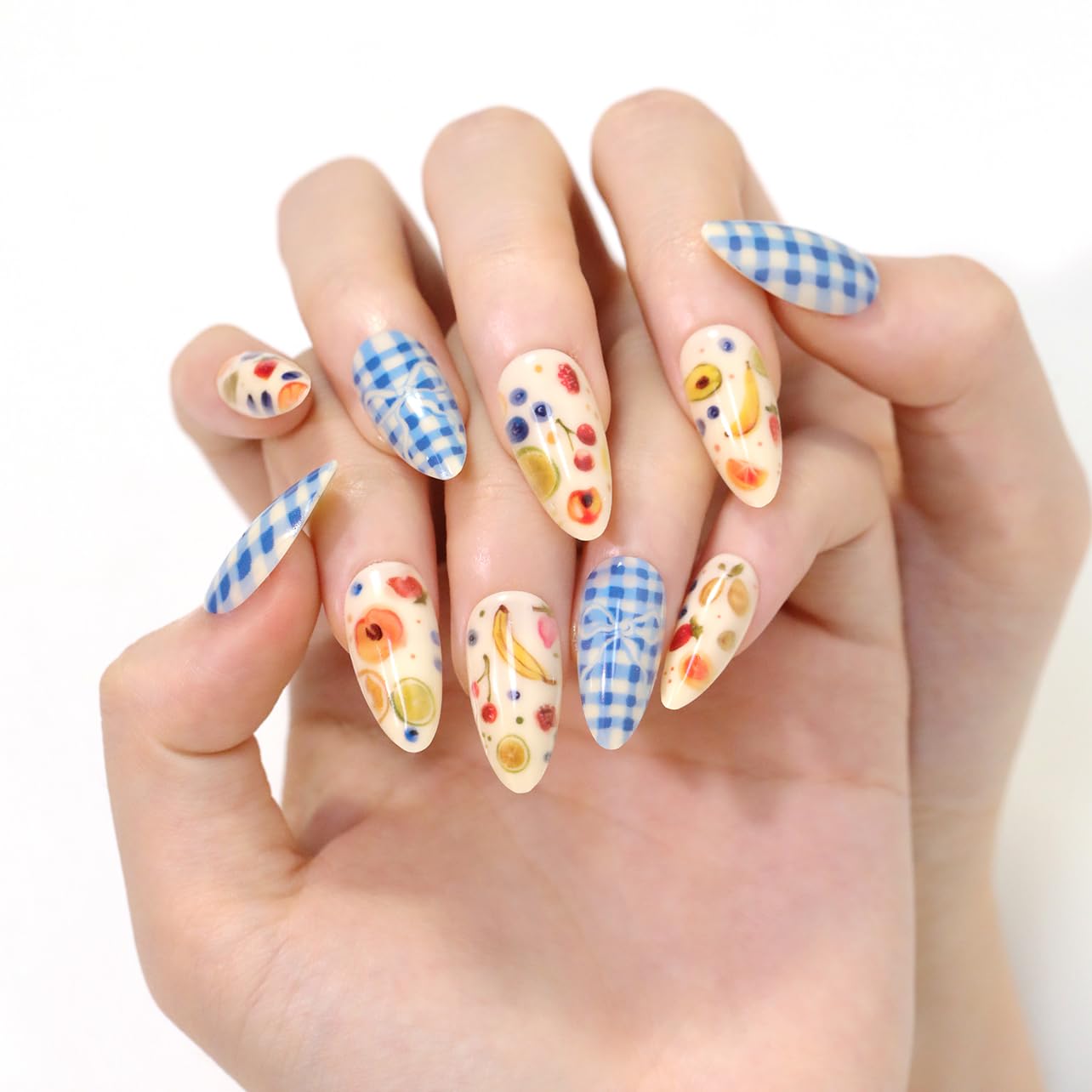 Summer Fall Picnic Press On Nails Short – Almond Cute Fake Nails with Fruit and Blue Gingham Design, Colorful Summer Nails Press Ons, Glossy Glue On Nails Kit for Women, Fruit Part, 24Pcs
