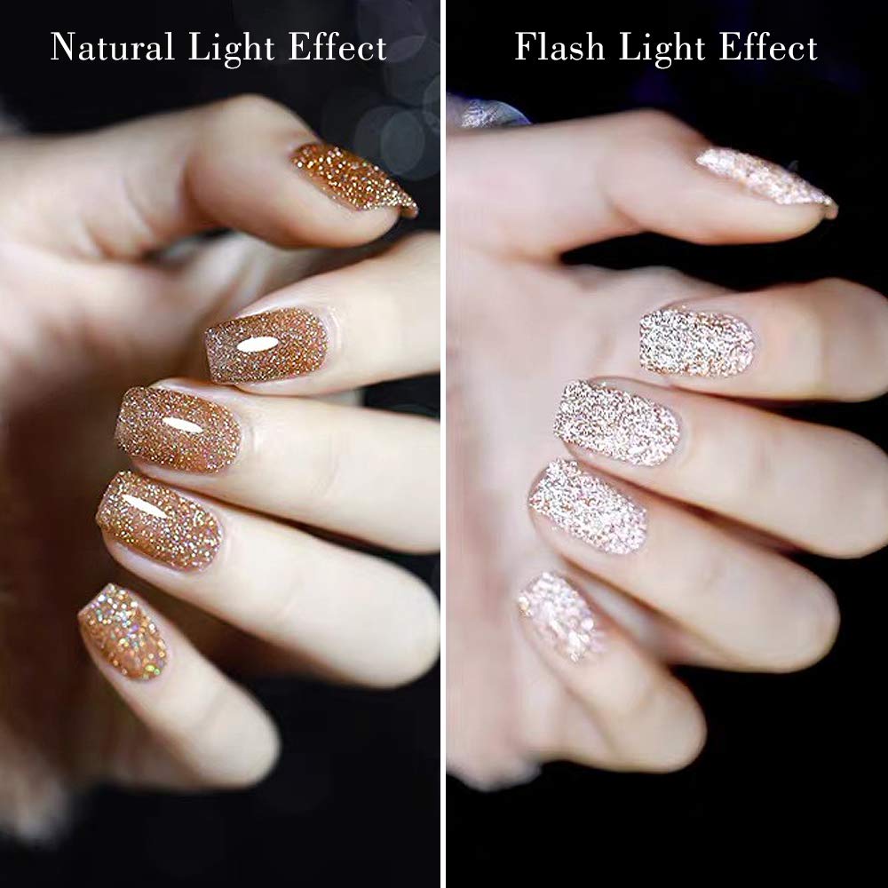 MIZHSE Reflective Gel Nail Polish, Glitter Gold Gel Polish, Sparkly Shiny Nail Effect Soak Off Nail Art Varnish for Beginners DIY at Home