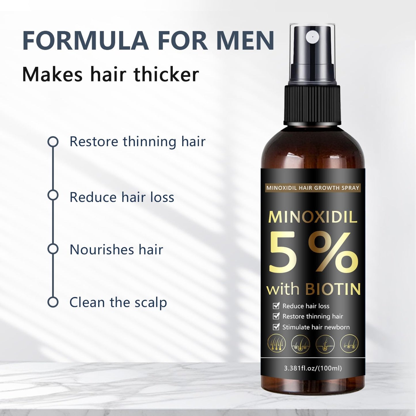 5% Minoxidil Hair & Beard Growth Spray with Biotin for Men & Women, Hair Regrowth, Treatment for Hair Loss & Thinning, for Stronger Thicker Fuller Healthier Hair, for All Hair Types, 3.38 oz