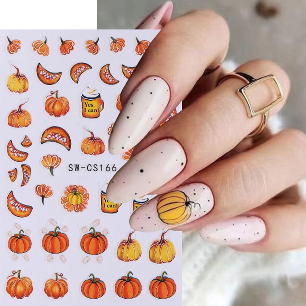 Fall Nail Art Stickers Decals Autumn Pumpkin Nail Decals 8PCS 3D Self-Adhesive Fall Leaf Floral Pumpkin Design Manicure Sliders Nail Art Supplies Fall Sticker for Women Girls DIY Nail Art Decorations