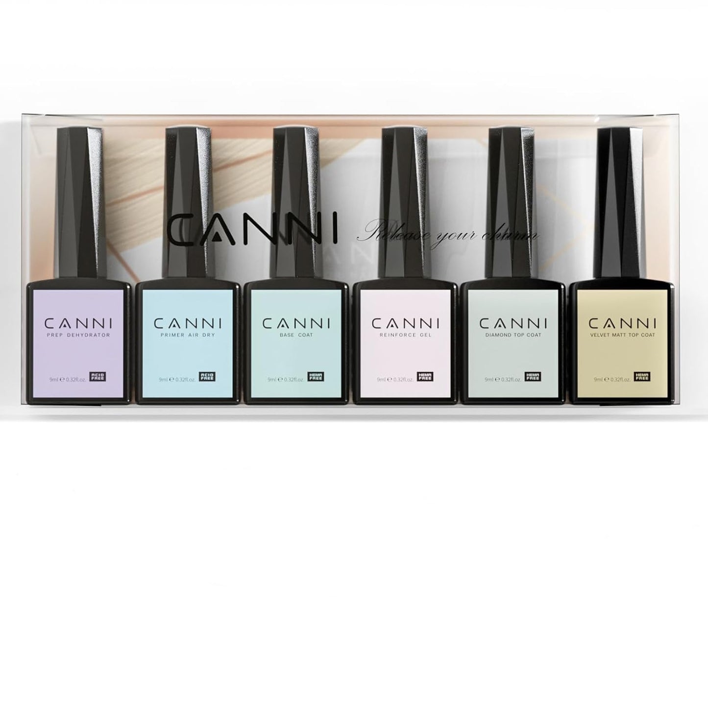 CANNI 6Pcs 9ml Hema-Free Nail Dehydrator Primer, Base Coat Reinforce Diamond Gel Top Coat and Matte Top Coat Gel Nail Polish Set, Soak Off LED Nail Gel Polish Set Nail Art Starter Manicure Salon