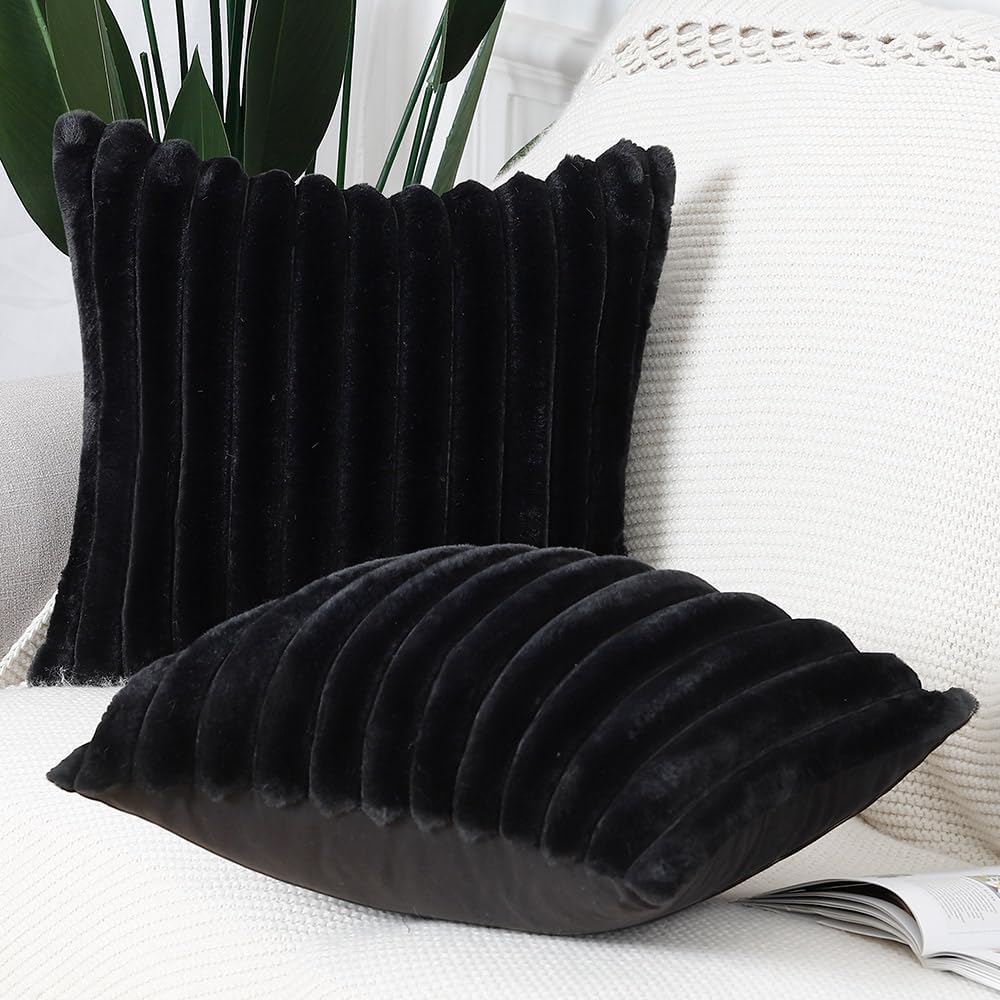 MADIZZ Set of 2 Faux Wool Plush Decorative Throw Pillow Covers 24x24 Inch Black Fluffy Striped Soft Decorative Cushion Cover for Sofa Bedroom Pillow Shell