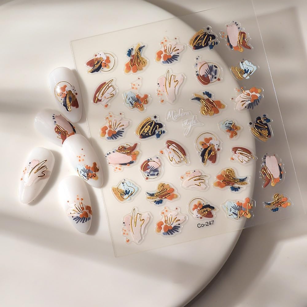 Fall Nail Art Stickers 3D Embossed Oil Painting Nail Stickers, Self-Adhesive Durable Nail Art Decals for Women Girls, Nail Wraps Decoration Manicure for DIY Acrylic Nail Accessories