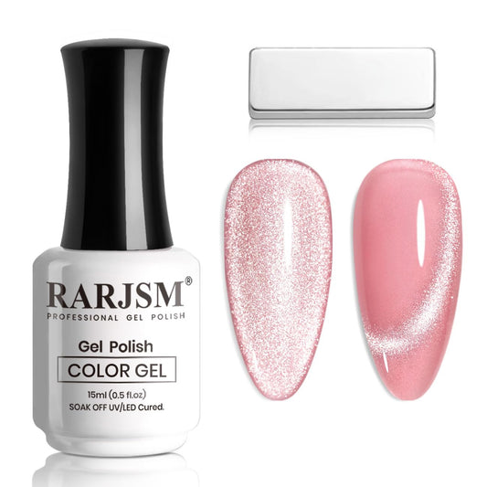 RARJSM Nude Sheer Pink Cat Eye Gel Nail Polish Silver Glitter 15ml 9D Velvet Cateye Shimmer Galaxy Ice Jelly Pink Gel Polish with Magnetic Stick UV LED Curing Require Soak Off DIY Home Salon