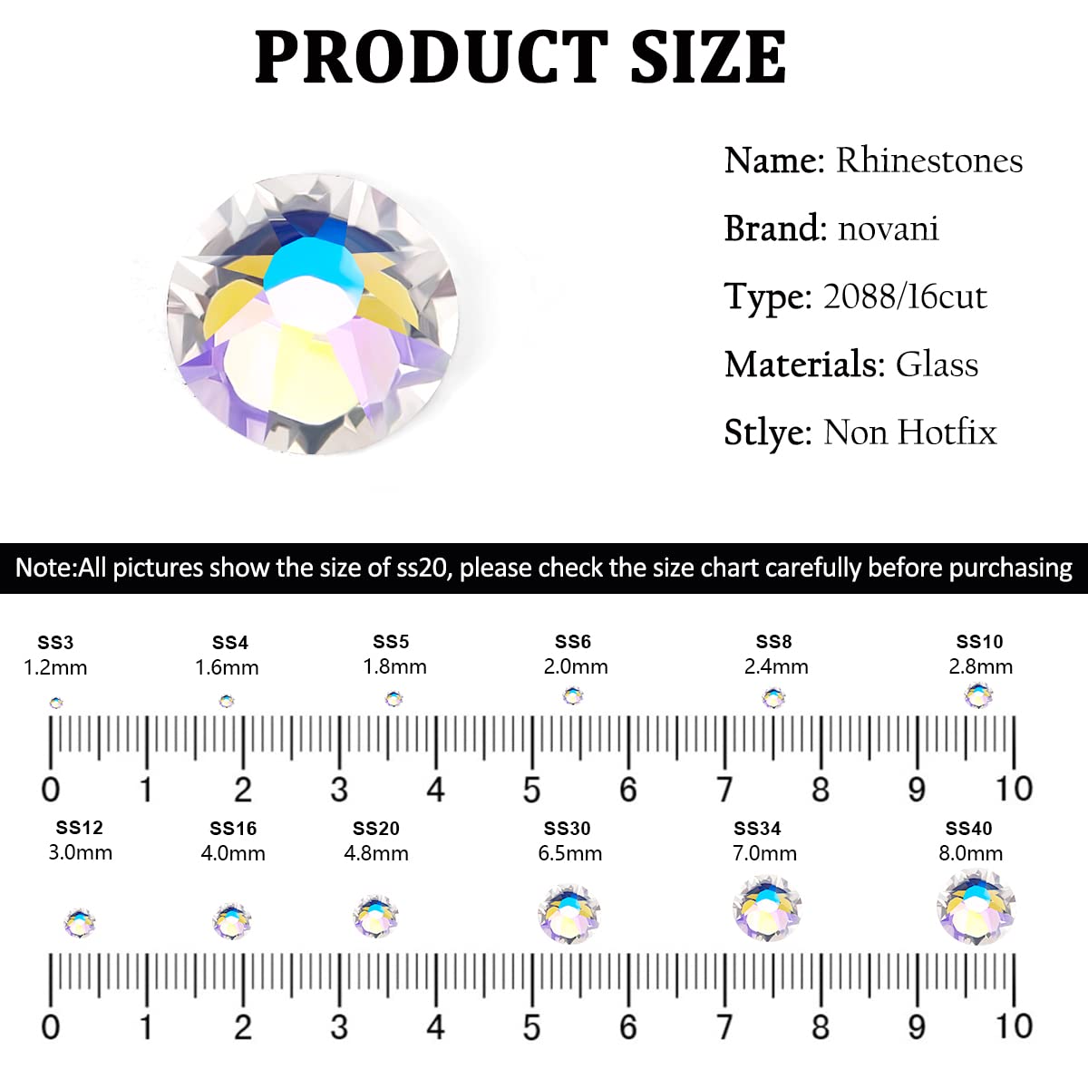 Novani Moon Night Rhinestones 288pcs Flat Back Round Rhinestone Style 2088 Sparkly Crystal Gemstones for Nail Art and Crafting SS30,6.4-6.6mm