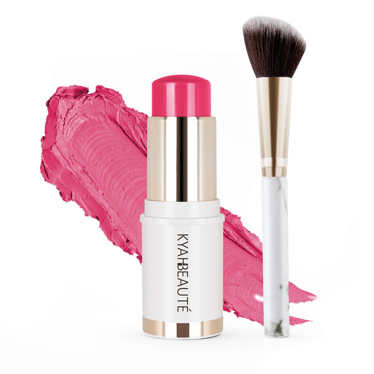 Blush Stick, Cream Blush for Cheeks and Lip Tint, Dewy Finish, Buildable & Blendable Color, Lightweight & Long-Lasting Formula | Forelsket-Cool Pink & Angled Blush Brush（0.53fl.oz）