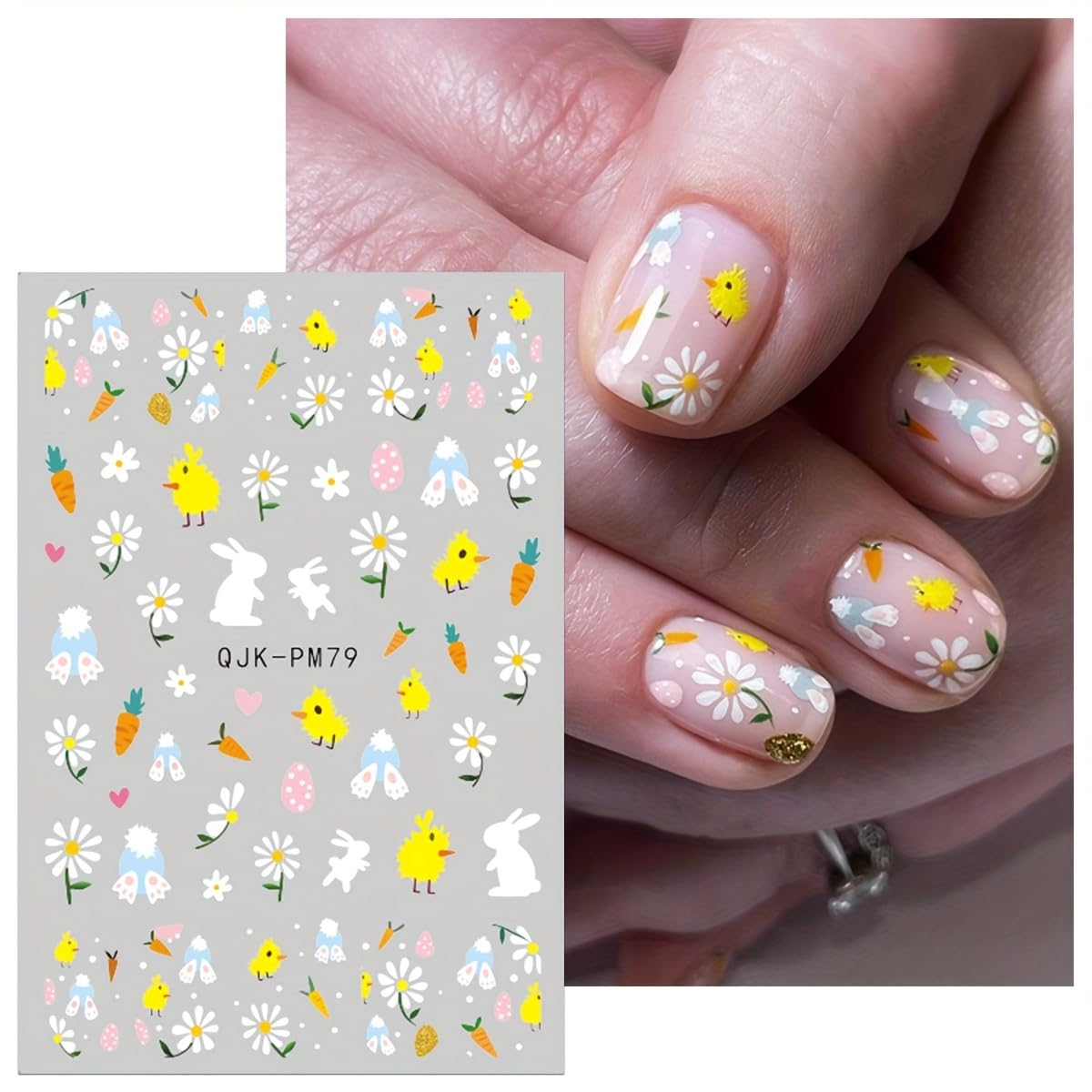 6Sheets Easter Nail Art Stickers Decals Cute Bunny Flower Designs 3D Self-Adhesive Nail Decals Spring Nail Decorations Floral Daisy Butterfly DIY Nail Supplies Easter Nail Accessories for Women Kids