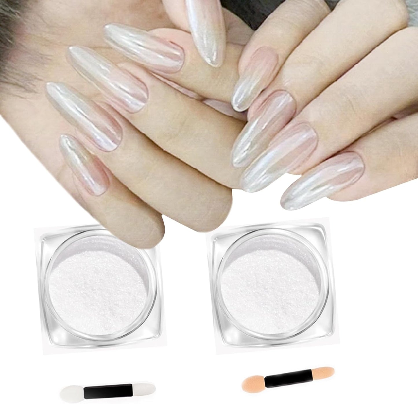 2Pcs Pearl Chrome Nail Powder - Ice Transparent Aurora, White Chameleon Iridescent Pigment for Nails - High Gloss Pearlescent Glitter (2pc White)