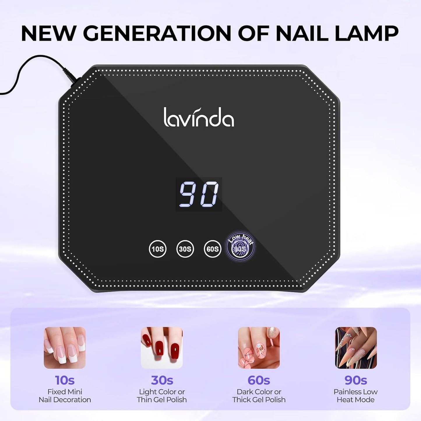 Lavinda 54W UV LED Nail Lamp – Plug-in Gel Nail Light with LCD Display, 4 Timers, Auto Sensor, Dual Wavelength, Nail Dryer for Home & Salon – Black
