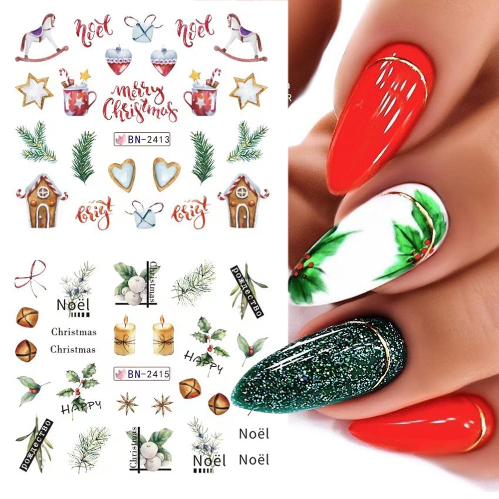 12 Sheets Christmas Nail Art Stickers Snowflake Water Transfer Nail Decals Holographic Gingerbread Man Snow Trees Winter Design Watermark Nail Foils Stickers for Women Xmas Nail Decorations