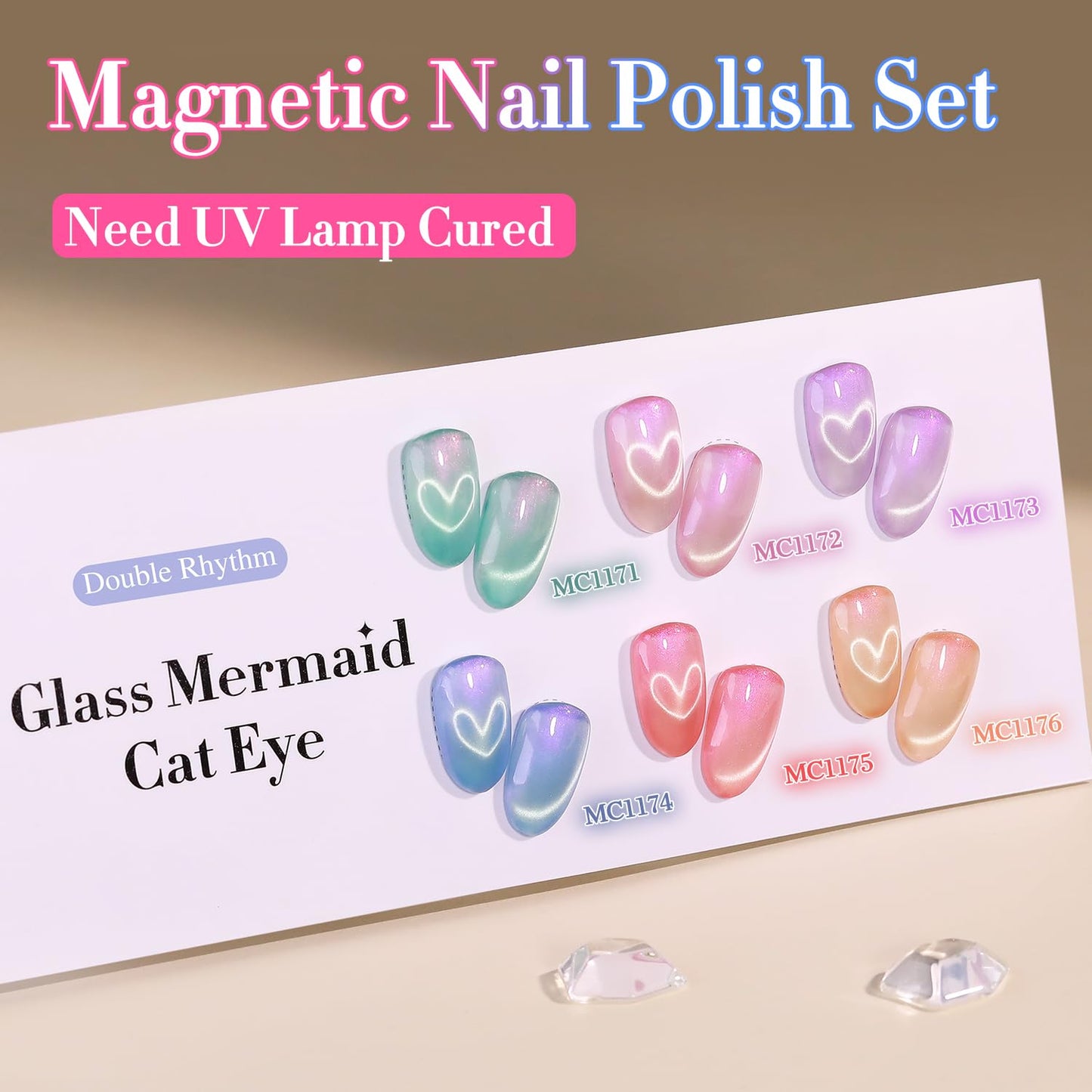 Double Rhythm Cat Eye Gel Nail Polish Set of 6 Same Color Same Bottle 0.5 Oz Shimmer Glitter with Magnet Holographic Reflective Magnetic UV Nail Polish Kit at Home (Mermaid Pink Rose-T6-31)