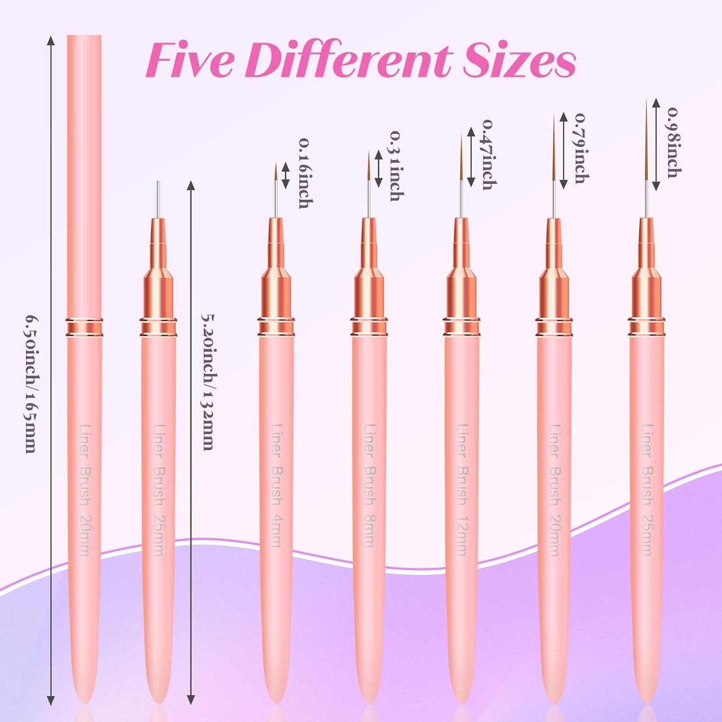 Liner Brush for Nails, 5Pcs Thin Nail Art Brushes Professional Nail Detail Brush for Gel Polish Sizes 4/8/12/20/25mm (Pink)