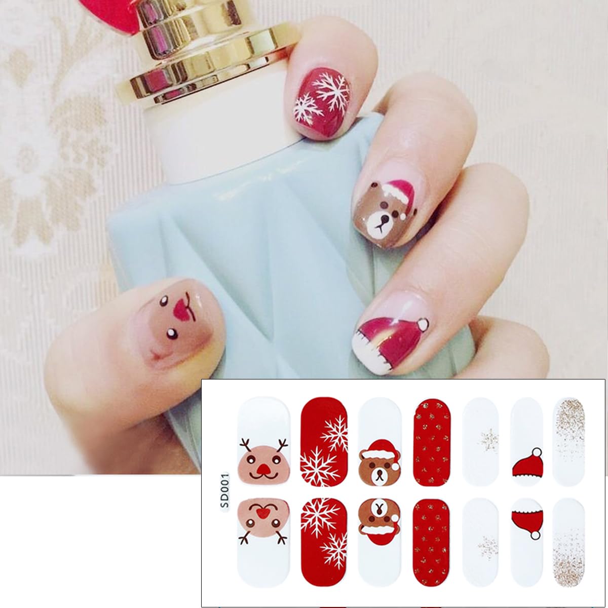 6Sheets Christmas Gel Nail Stickers White Snowflake Gel Nail Polish Strips Glitter Santa Claus Xmas Trees Elk Design Cute Christmas Stickers Full Wrap Winter Gel Nail Strips for Women Manicure DIY