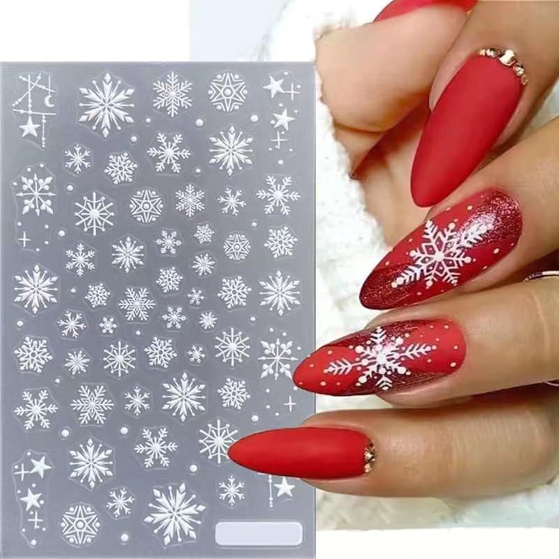 HNUIX Nail Stickers - 5D Snowflake, Self Adhesive Nail Decals, Multi Pattern, 4 Sheets, for Nail Art