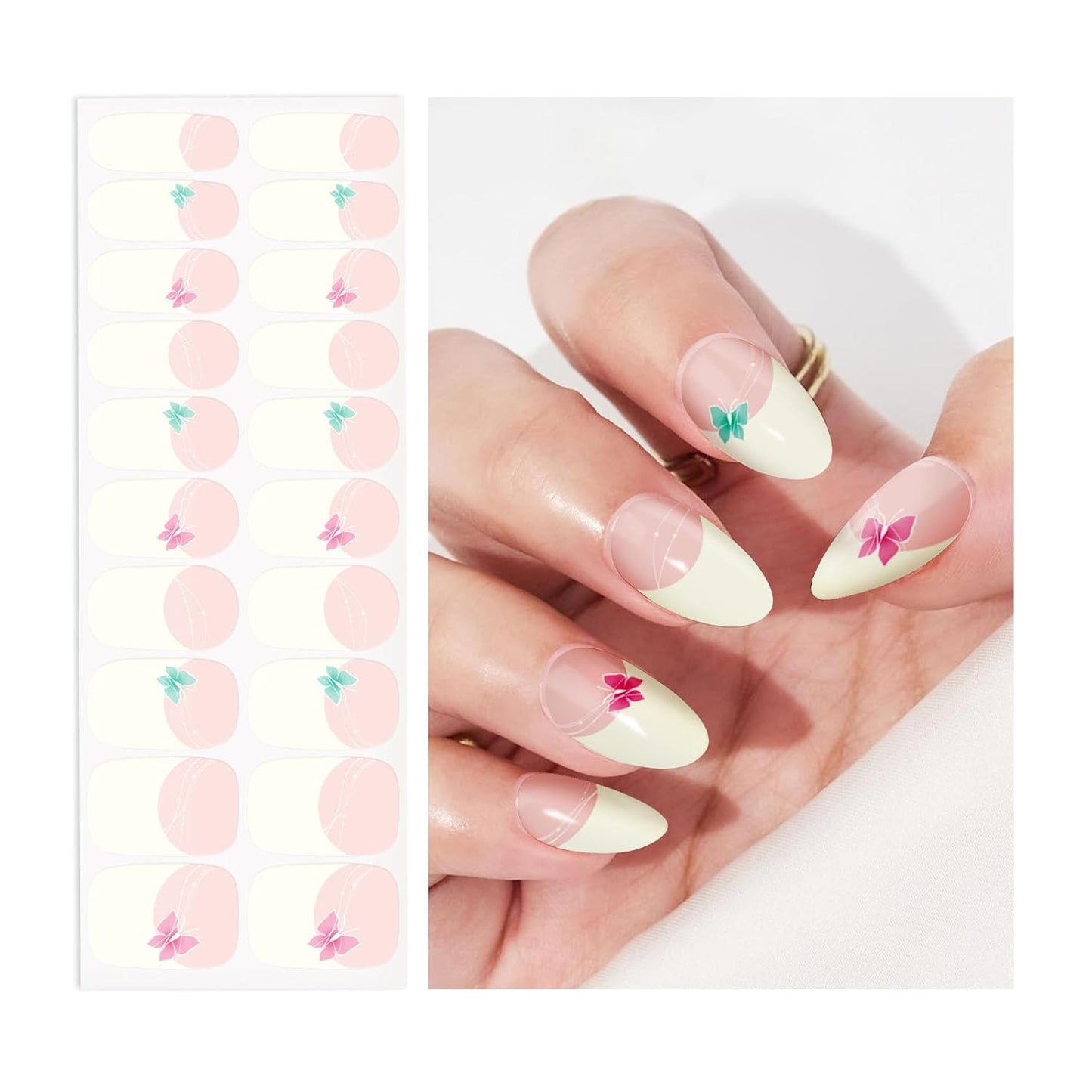 Semi Cured Gel Nail Strips | Built-In Gel Top Coat | UV Light Required | Salon Quality, Easy Application And Removal (Fairy Butterflies French)