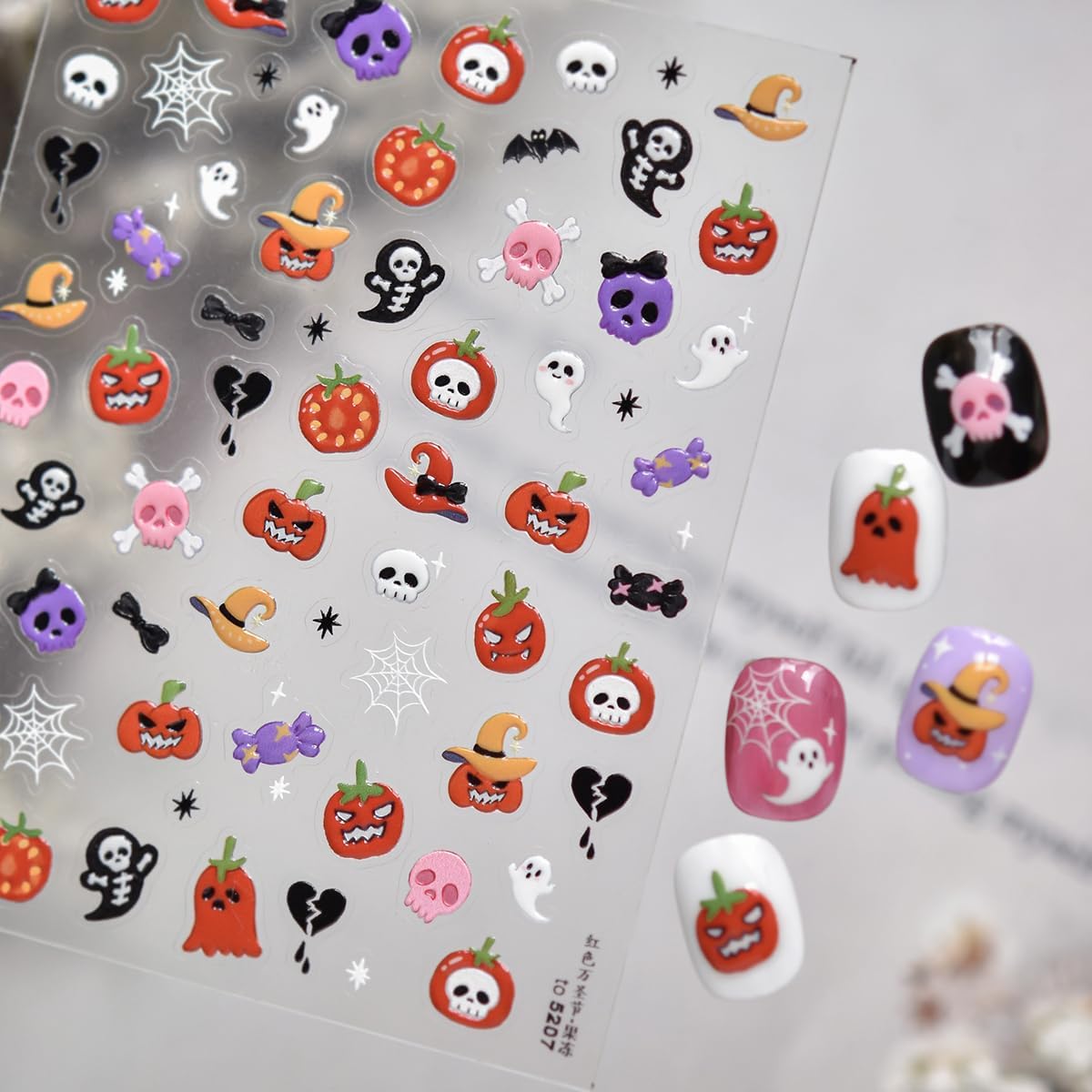 5D Halloween Nail Stickers Halloween Nail Decals Self-Adhesive Evil Tomato Pink Skull Cute Ghost Spider Web Broken Heart Nail Design DIY Holiday Nail Decorations for Women Kids Party 1 Sheet