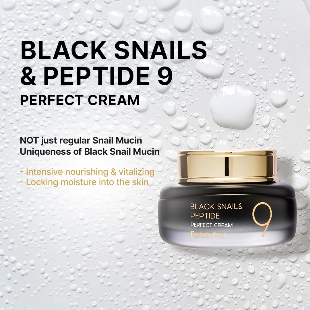FARMSTAY Black Snail & Peptide 9 Perfect Cream, Snail Mucin Moisturizer for Elastic & Glow Skin, Hydrating & Nourishing, Anti-aging, Skin Barrier Repair, for Women & Men, Korean Skin Care, 1.85 Fl. Oz