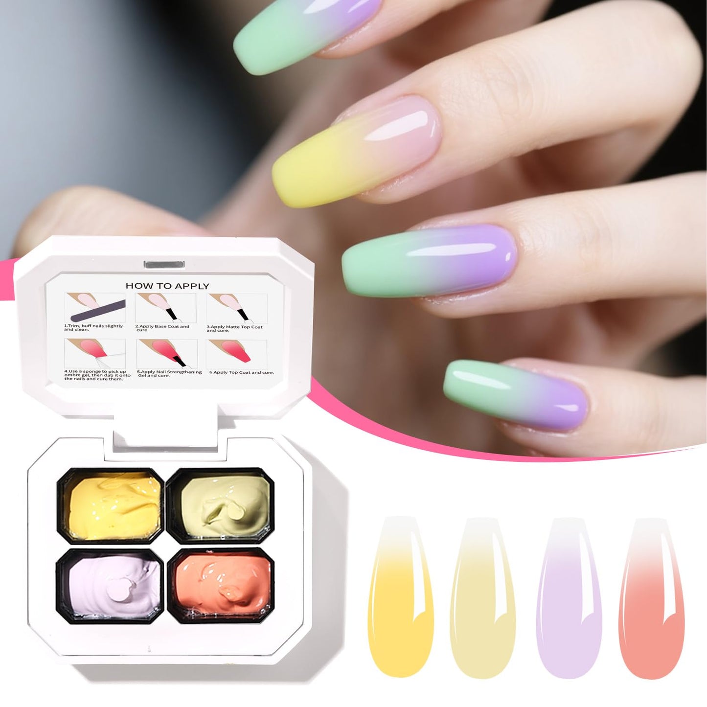 Finger Secret 4 Colors Ombre Gel Nail Polish Set Gradient Pat Painting Gel Ombre Color Palette with 20Pcs Nail Sponges for Nail Art DIY Salon or Home Use(k7)