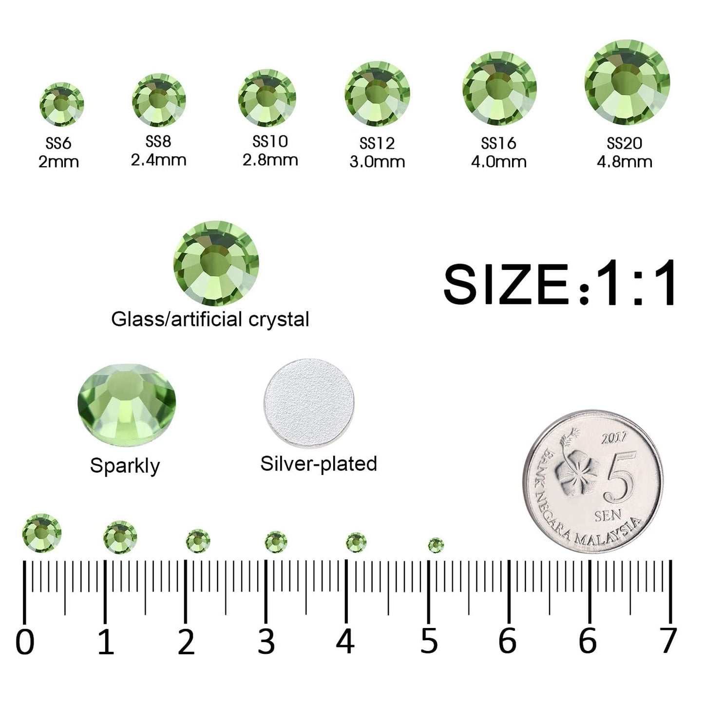 4240Pcs Lt. Green Flatback Rhinestones 6 Sizes Crystal Diamonds for Nail Art Crafts Clothes Shoes with Tweezers and Picking Pen