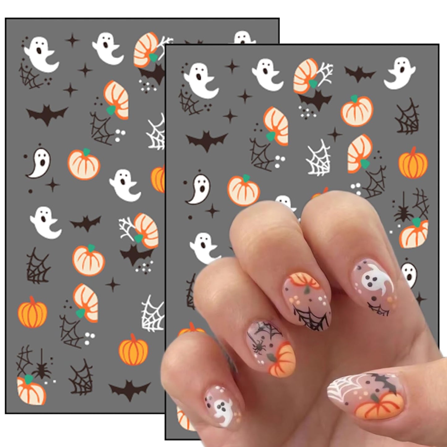 8 Sheets Halloween Nail Art Stickers Cute Ghost & Mummy Designs 3D Self-Adhesive Flower Nail Stickers Halloween Spider Pumpkin Spider Web Acrylic Nails Art Decoration for Women Nails Art Supplies