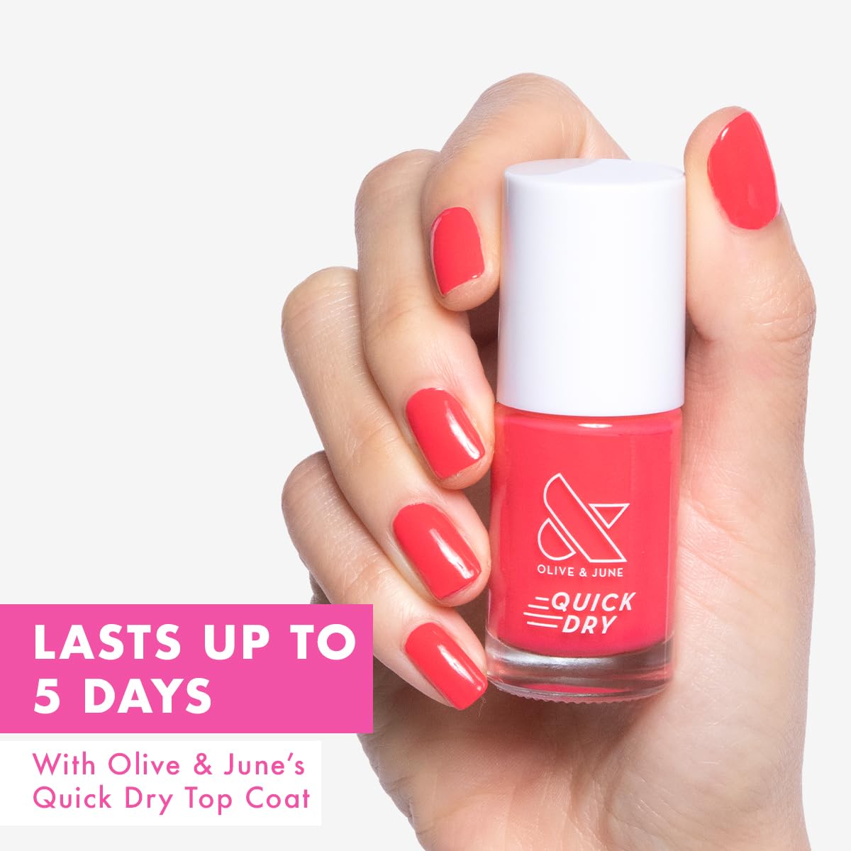 Olive & June Quick Dry Nail Polish | Instant Fast-Drying Smudgeproof Color | 15-free Vegan Cruelty-Free Formula | Lasts up to 5 Days | Salon-Quality Manicure Pedicure at Home |Pomodoro Tomato Red-Pink