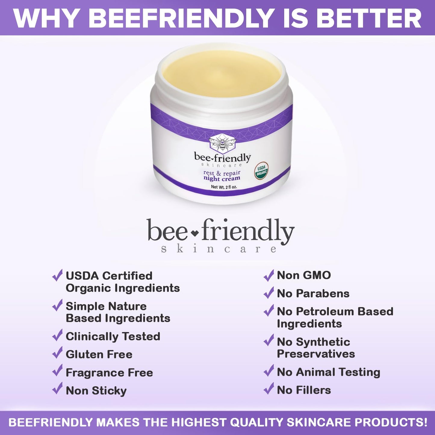 BeeFriendly Organic Night Cream, USDA Certified Organic, Deep Hydrating & Moisturizing Night Time Eye, Face, Neck & Decollete Cream for Women and Men, Anti Aging, Anti Wrinkle 2 oz