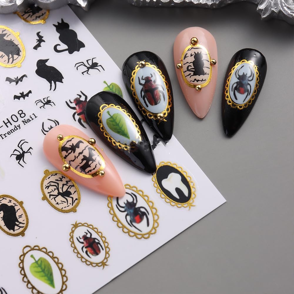 Halloween Nails Stickers Cute Ghost Nails Sticker 3D Embossed Gold Frame Self Adhesive Sticker Nail Decals Black Insects Bat Nail Art Decal Halloween Decals for Nail DIY Manicure 4Sheet
