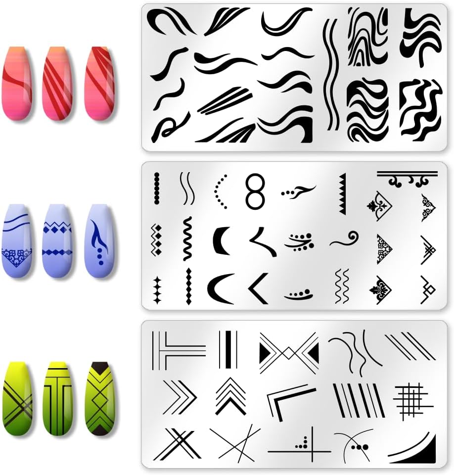 3Pcs Swirl French Line Nail Stamping Plate Wave Stripes Templates Tip Art Stamp Plates Image Stainless Steel DIY Reusable Tools for Manicure Printing