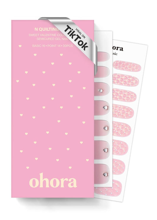 ohora Semi Cured Gel Nail Strips (N Quilting Pink) - Pink, Works with Any UV/LED Lamps, Salon-Quality, Long Lasting, Easy to Apply & Remove - Includes 2 Prep Pads, Nail File & Wooden Stick