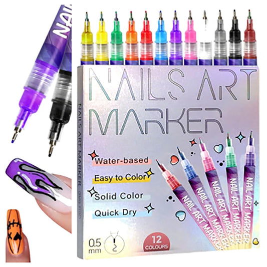 Nail Markers, 12 Colors Nail Art Pens Set Nails Art Markers Polish Pen for 3D Nail Art, Nails Arts Tools for Graffiti Dotting Drawing Painting Point Liner DIY Kit Home Nail Salon DIY (1 Set 12Color)