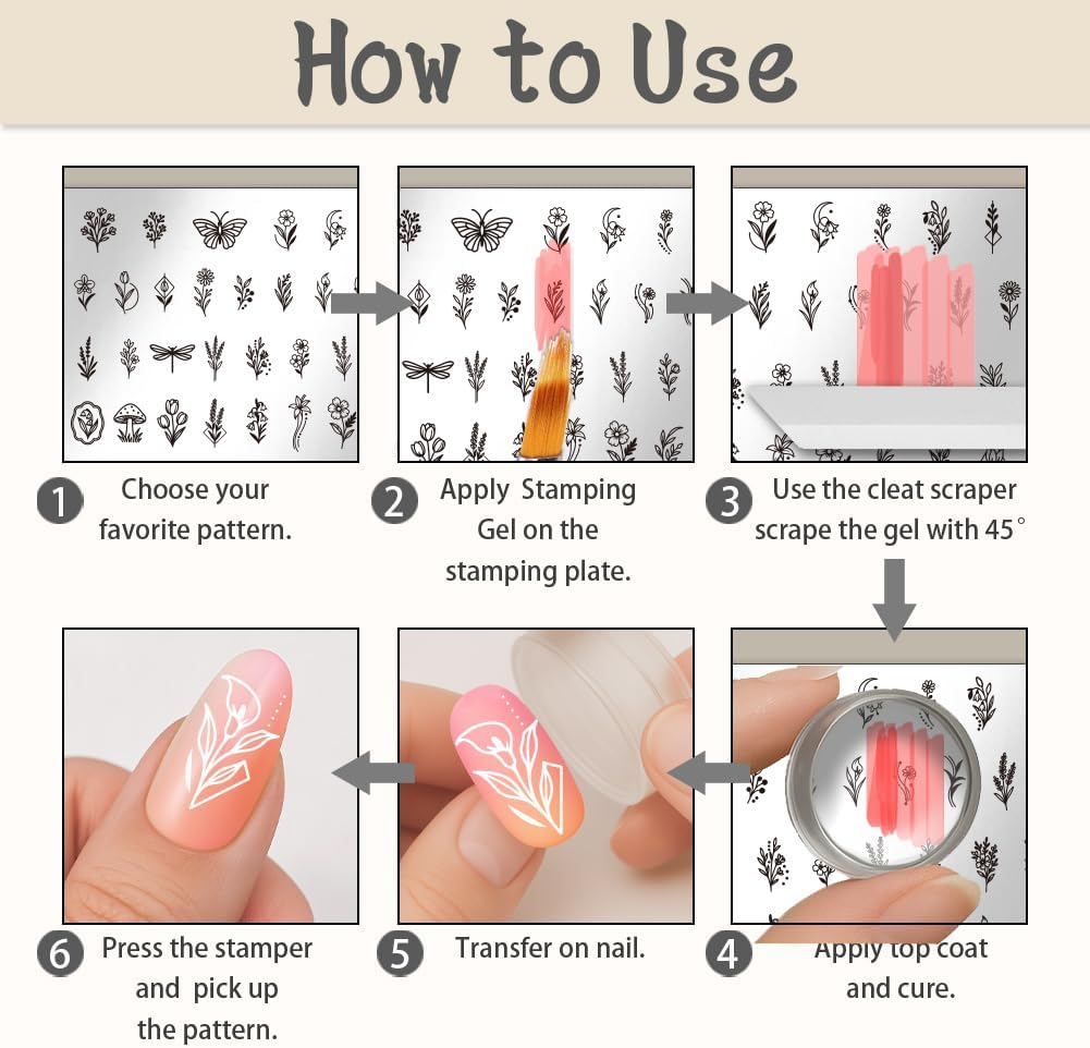 UNICRAFTALE 3Pcs Nail Stamp Plates Set Flower Stamping Plate Flower Leaves Stamp Templates Image Nail Stencils Nail Art Plates with Nail Scraper for Women DIY Nail Design Tools