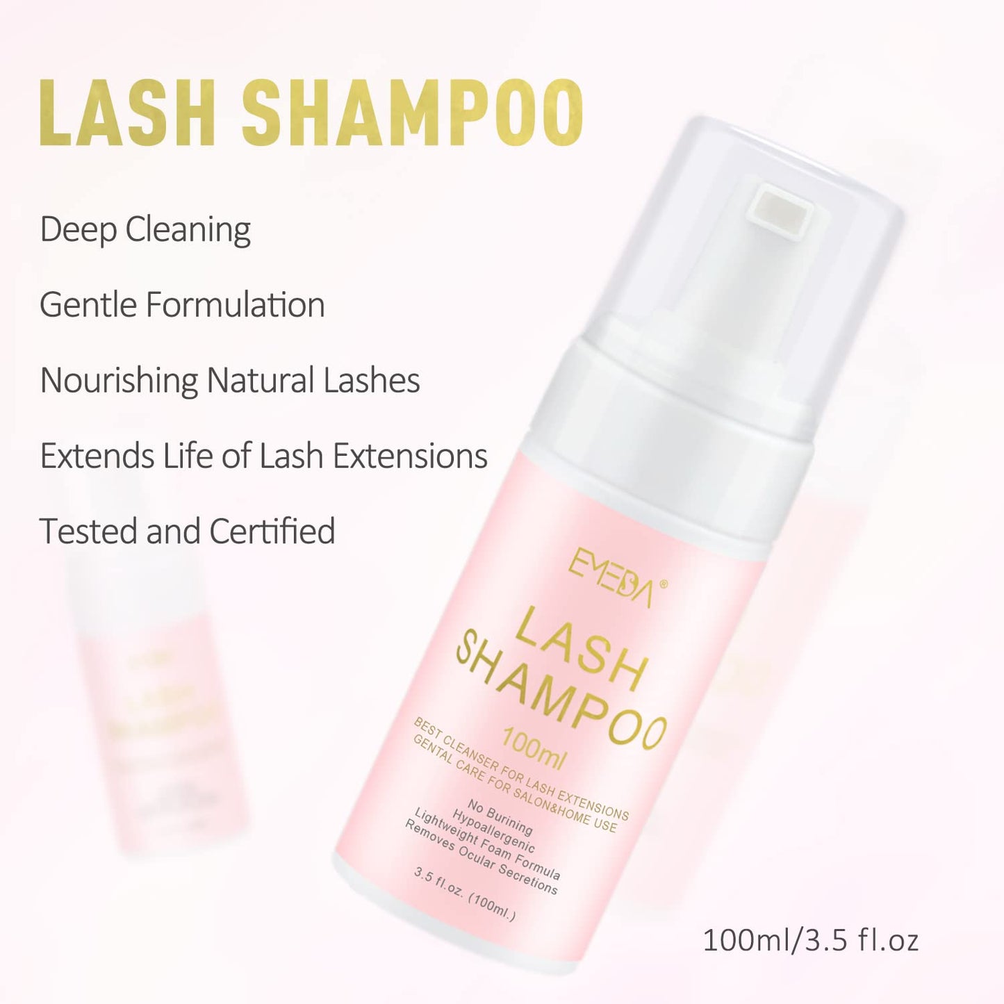 EMEDA Lash Shampoo Kit - 3.38 fl.oz / 100ml Gentle Foam Lash Cleanser, Oil-Free Cleaning for Wash Extension/Natural Eyelash Bath with Rinse Bottle Brush