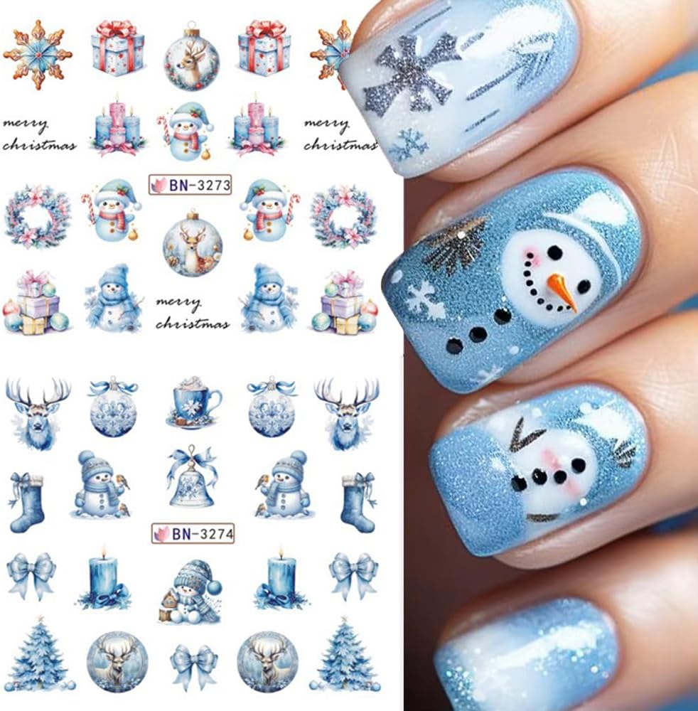Christmas Nail Art Stickers Snowman Snowflake Water Transfer Nail Decals Xmas Winter Nail Art Decorations Cute Penguin Santa Claus Elk Gingerbread Man Gift Design Nail Foil Sticker for Women DIY Nails