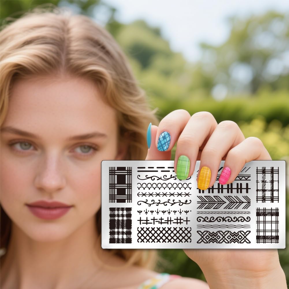 UNICRAFTALE 3Pcs Nail Stamp Plates Set Lattice Texture Nail Stamping Plate Texture Image Nail Stencils Plaid Argyle Pattern Nail Art Stamping Template with Nail Scraper for Women Nail Design Tools