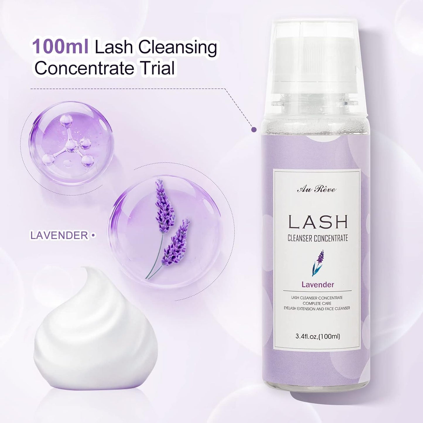 Eyelash Cleanser Concentrate 100ml Eyelash Extension Cleanser Inside the Eyelash Extension Kit Oil-Free Eyelash Extension Shampoo Perfect for Salon-Can Make Ten 60ml bottles of Lash Shampoo，Lavender