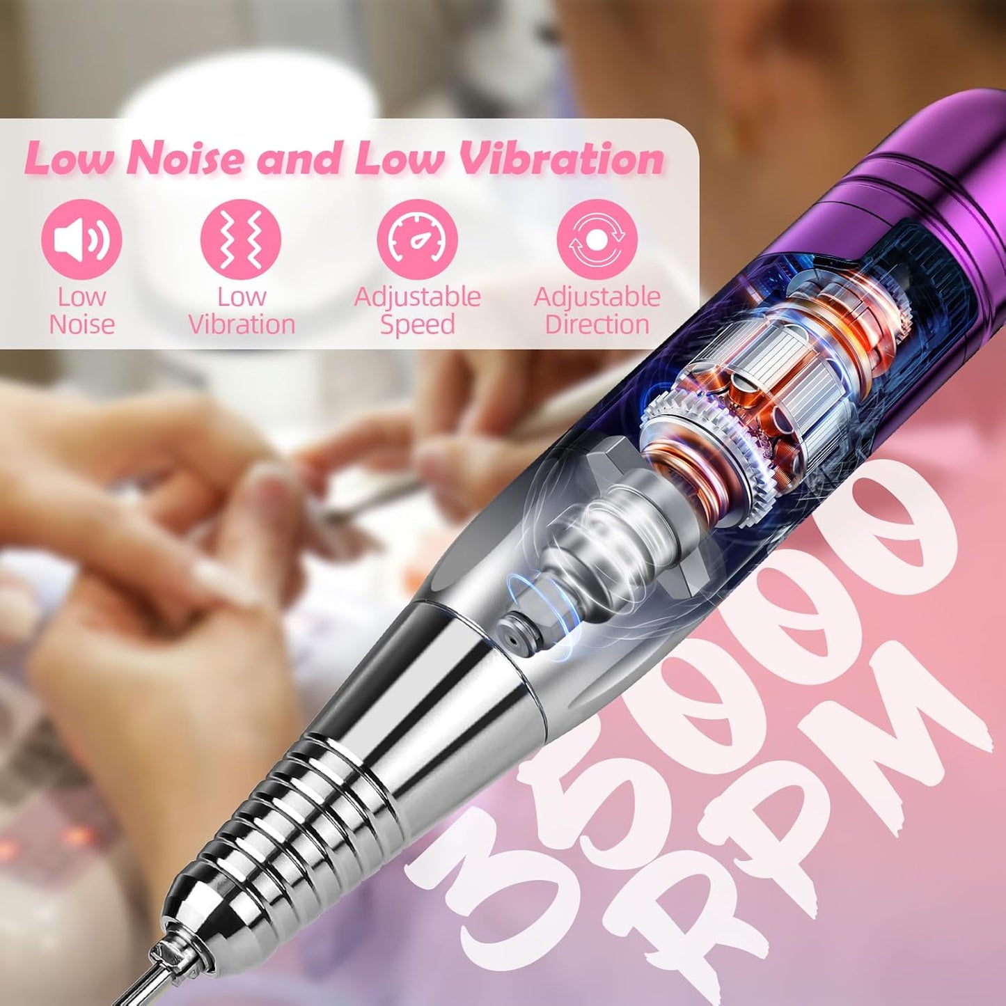 CIVPOWER Nail Drill Professional: 35000RPM Electric Nail File - Portable Rechargeable LED Display Nail Tool Kit- Manicure Pedicure Salon Home DIY (Blue Purple)