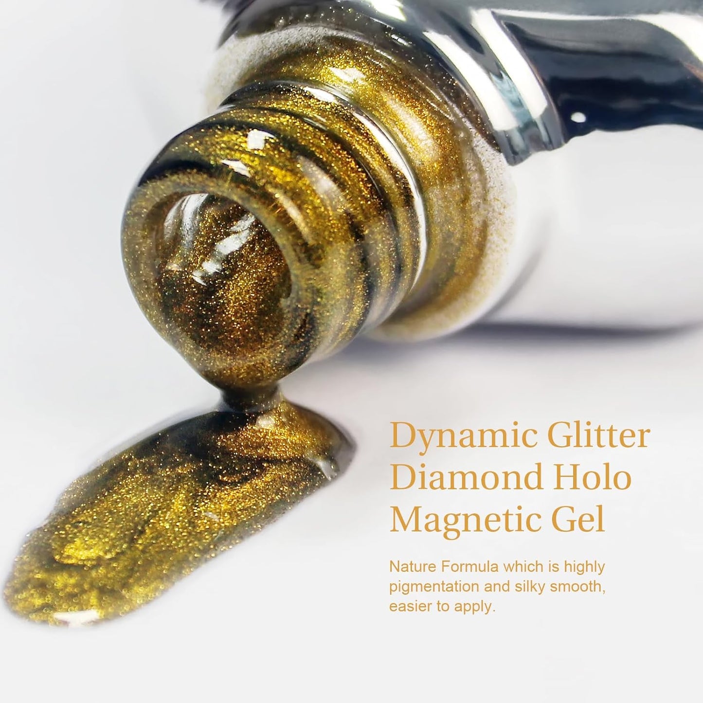 Cat Eye Gel Nail Polish with Magnet Stick, 15ml Glitter Holographic Nail Polish, Magnetic Effect Gel for Home DIY Manicure Gift, Champagne Gold