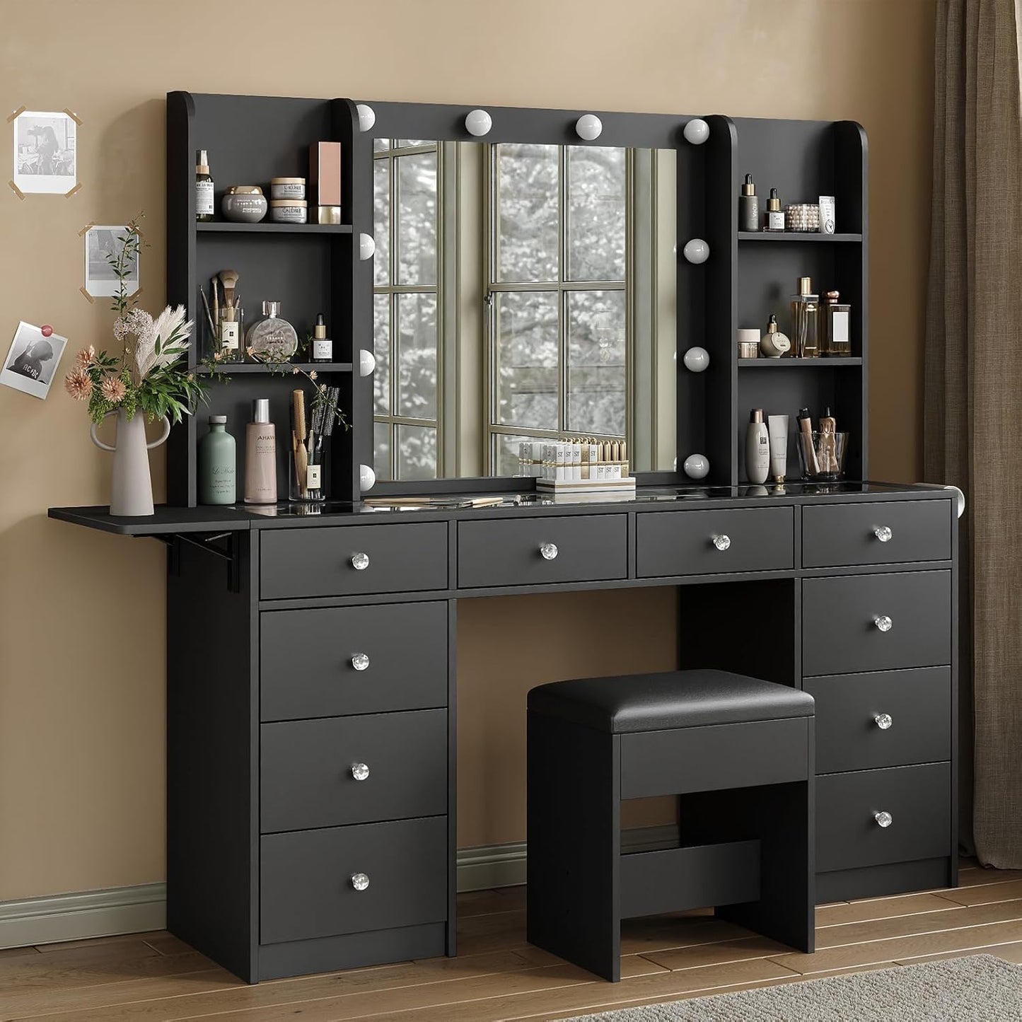 Vanity with Power Outlet, Vanity Desk with Mirror and 10 LED Lights, 10 Drawers Makeup Vanity with 6 Shelves, Fold-up Panel, Dressing Table for Bedroom, Black