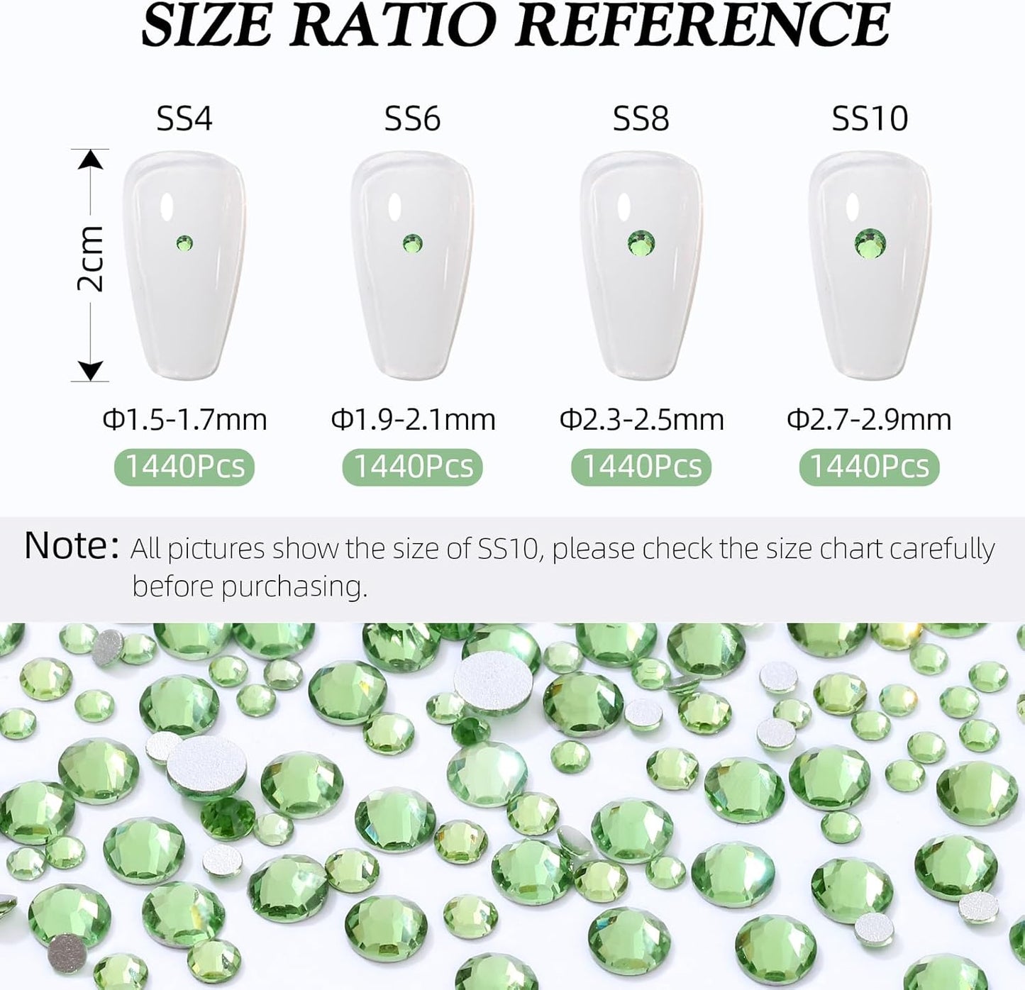 Light Green Flatback Rhinestones, Glass Rhinestones for Nail Art and Craft, Glue Fix, Loose Crystal Gemstones(Lt.Green, SS4, 1440pcs, 1.5-1.7mm)