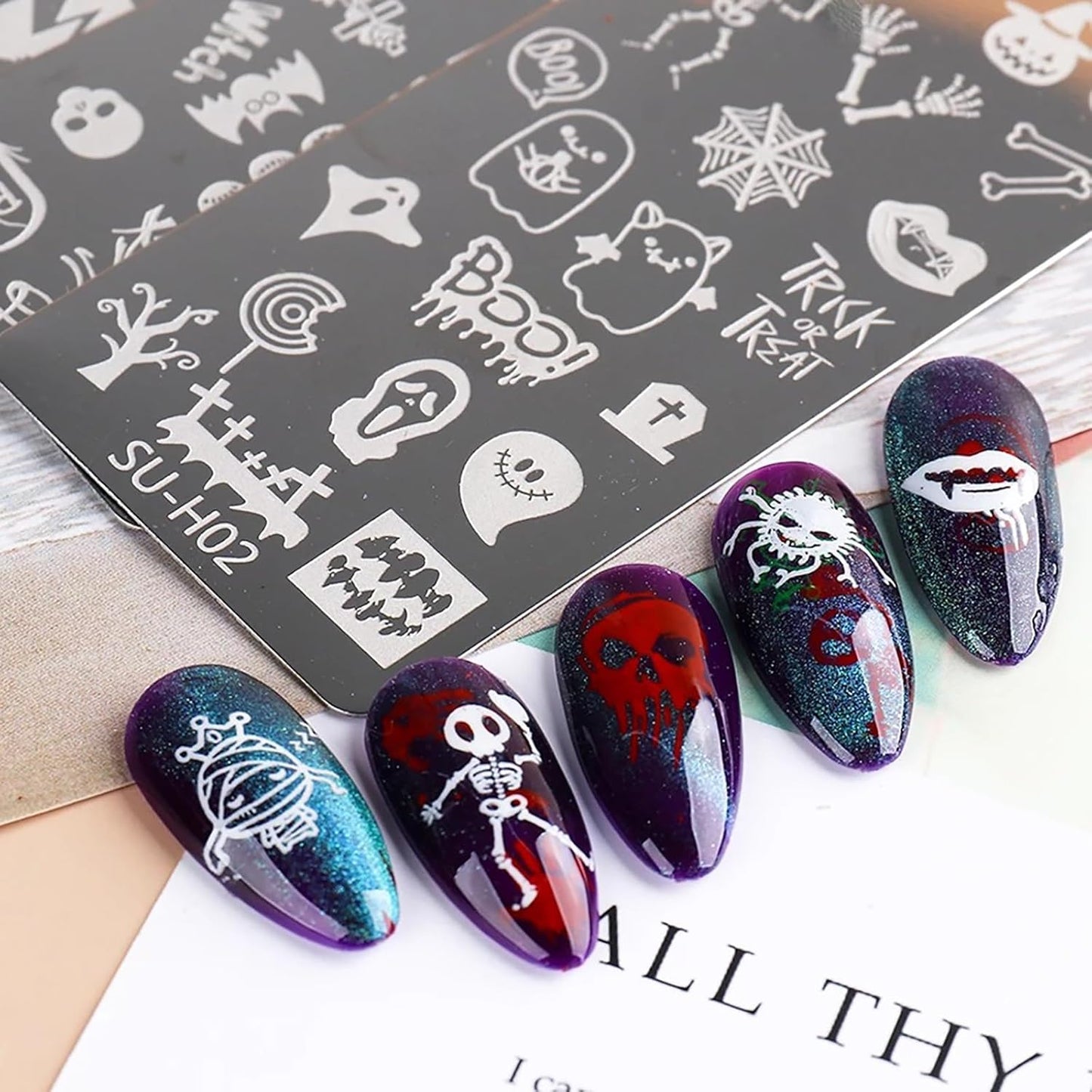 Halloween Nail Stamping Plate Art Stamping Kits DIY Printing Tools with Pumpkin Bat Witch Spider Owl Ghost Face Design Fashion Nail Stamp Art Decoration for Women 6Pcs