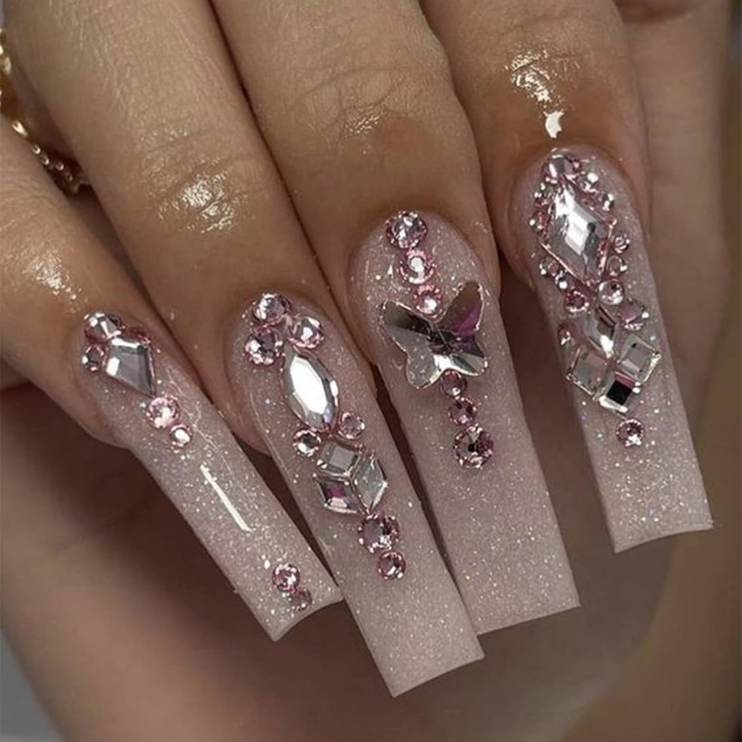 Nail Rhinestones - 3D Multi Shape Size, Flat Back, Manicure Rhinestones Charms, Crystal Pink Gems, with Kit, for Nail Art, Bedazzling Acrylic Nails, DIY Decor