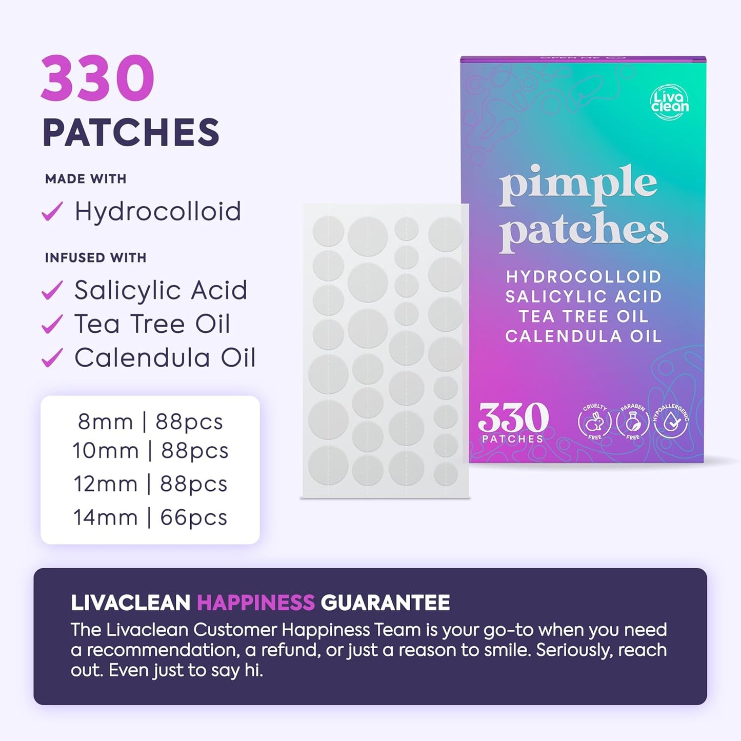 LivaClean 330 CT Pimple Patches for Face w/Salicylic Acid, Tea Tree Oil & Calendula Oil - Four Sizes - Pimple Patch, Hydrocolloid Patch, Acne Patches for Face