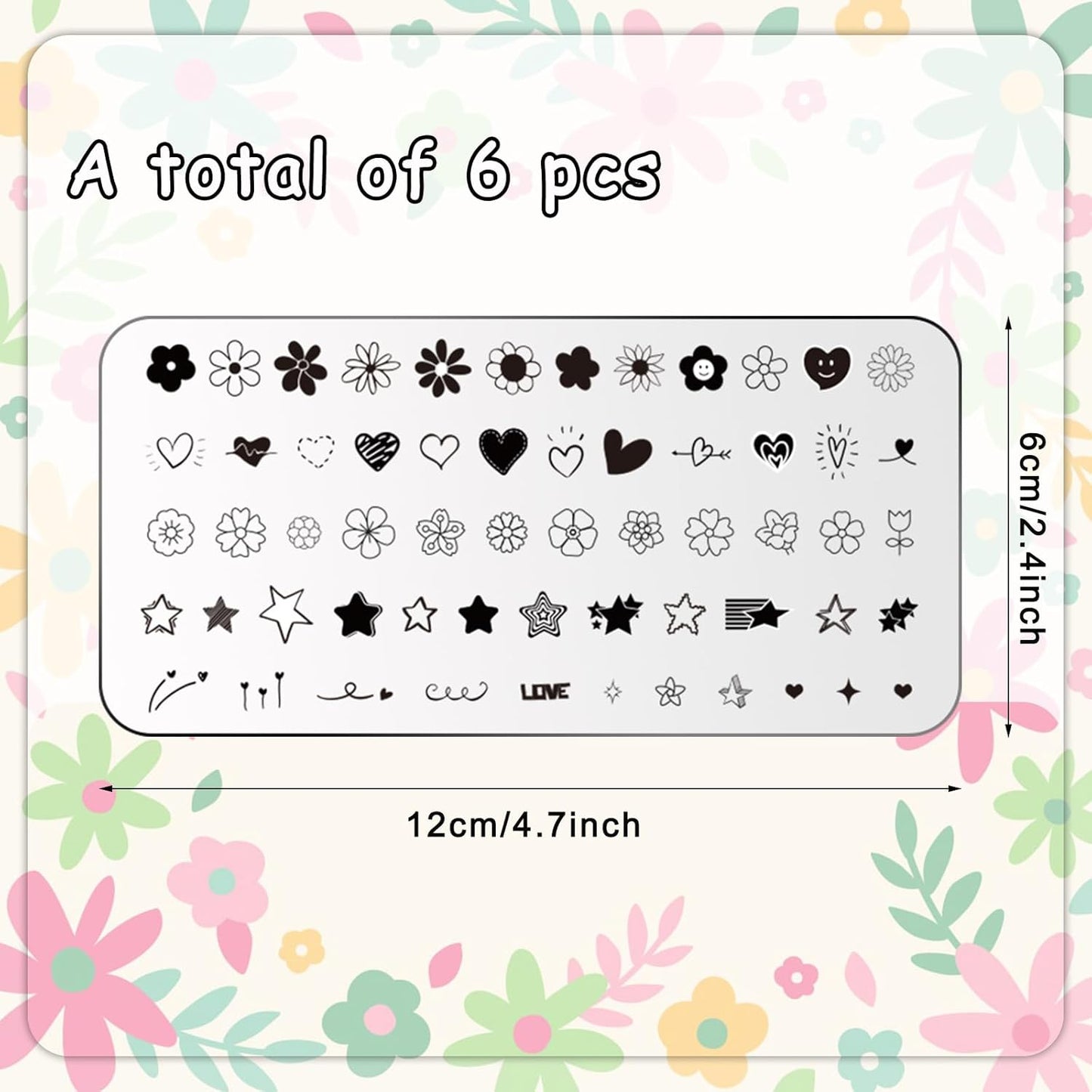 Whaline 6Pcs Preppy Nail Plates Stamping Set Heart Flower Butterfly Star Smiling Stamp Templates Groovy Nail Art Plates for DIY Print Manicure Salon Design Gift